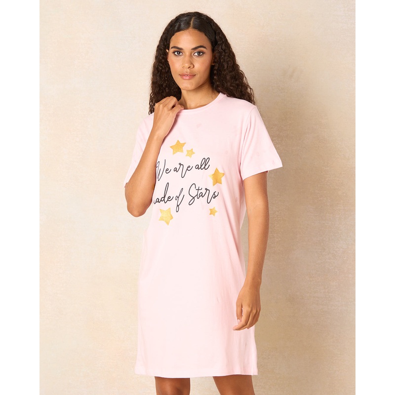 Women Pink Stars Print Nightshirt