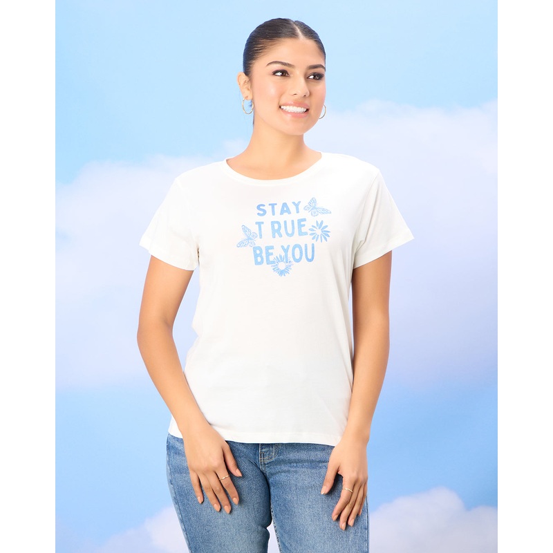 Women White Basic Printed T-shirt
