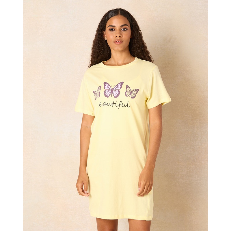 Women Yellow Printed Nightshirt