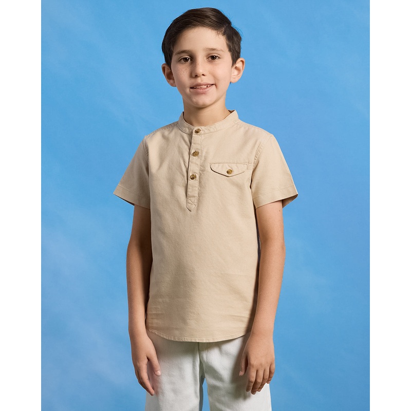 Boys Beige Kurta Oxford Short Sleeve Shirt