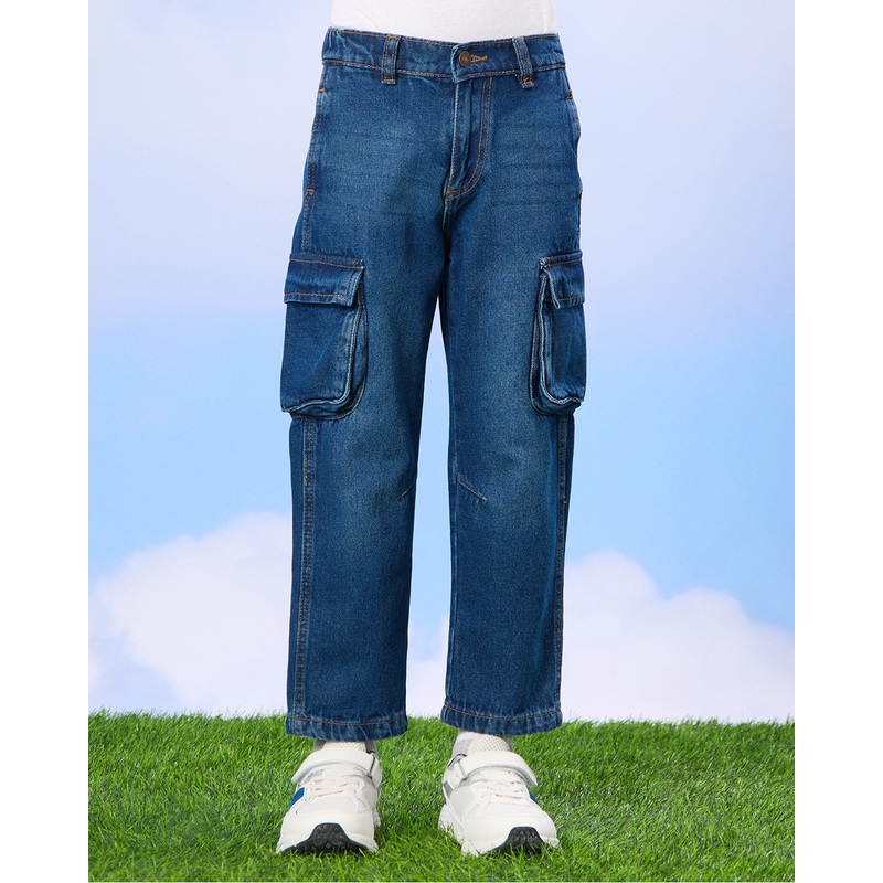 Boys Navy Wide Leg Jeans With Cargo Pocket