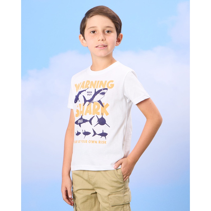 Boys White Shark Print T-Shirt