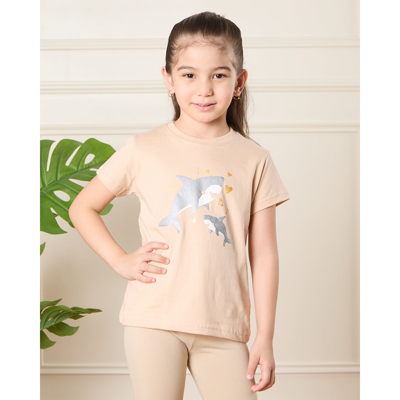 Girls Beige Sharks Print T-Shirt