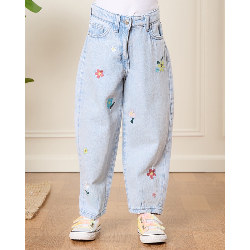 Girls Blue Floral Embroidery Jeans