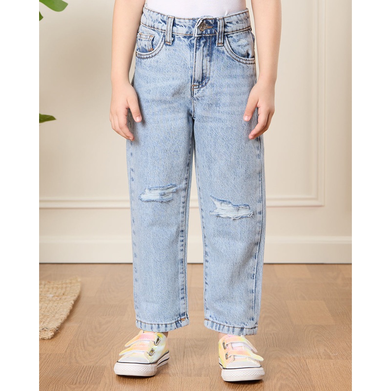 Girls Blue Solid Straight Fit Jeans