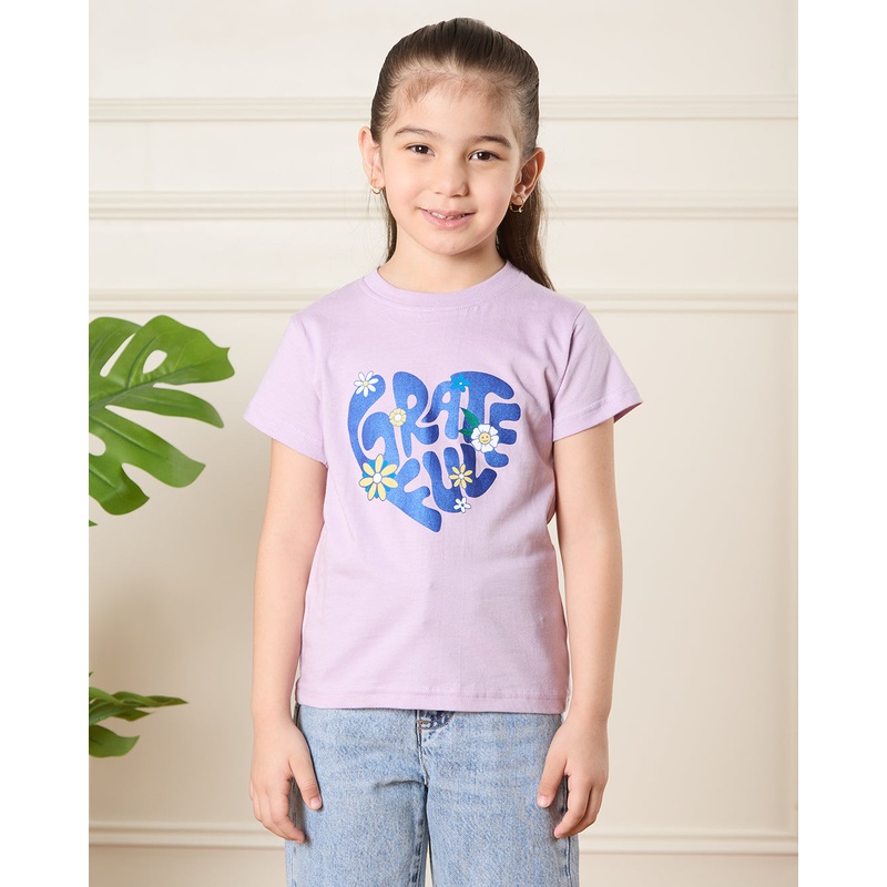Girls Lilac Heart Print T-Shirt