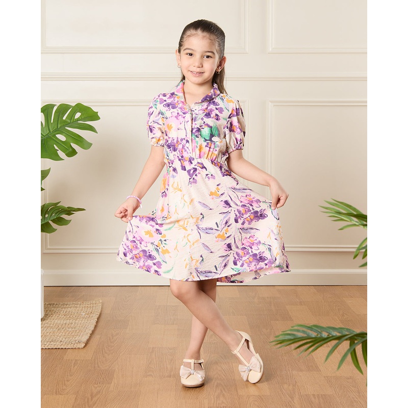 Girls White Floral Print Casual Dress