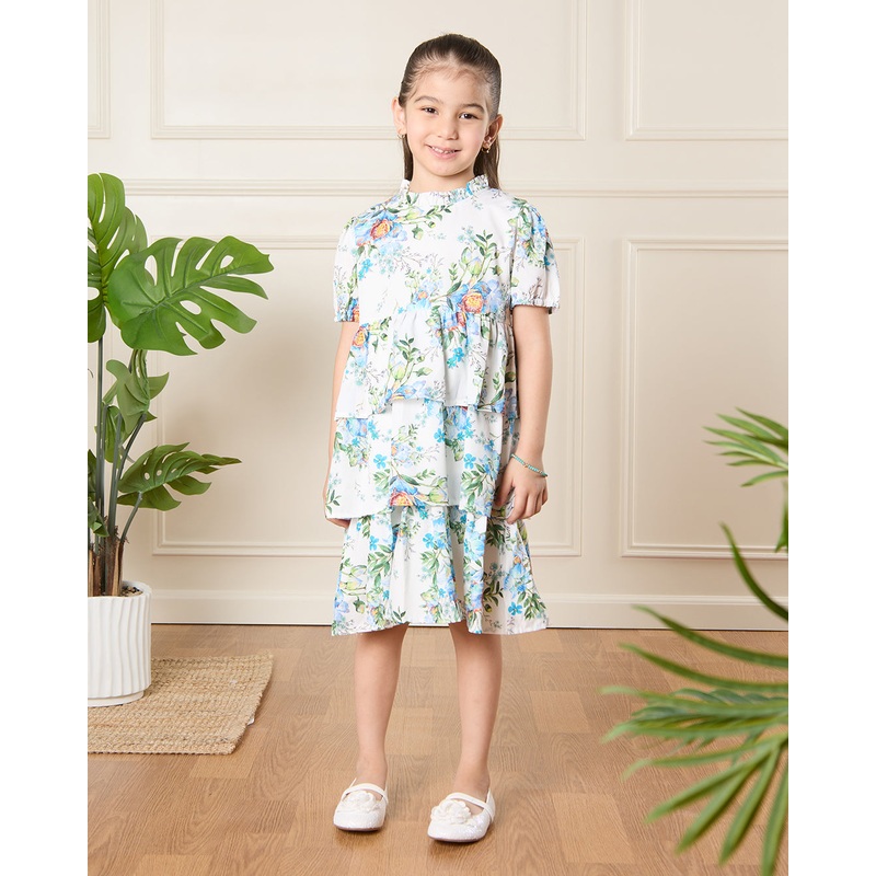 Girls White Printed Dress|2-3 Years|4-5 Years|5-6 Years|7-8 Years