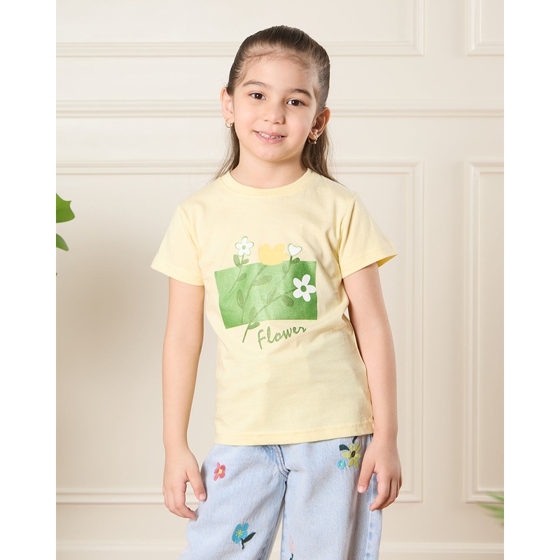 Girls Yellow Floral Print T-Shirt