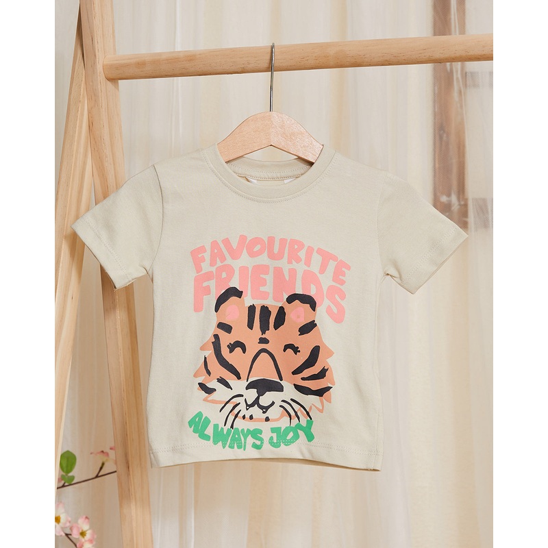 Infant Boys Beige Tiger Face Print T-Shirt