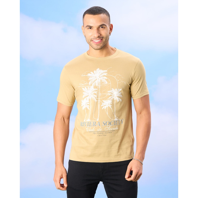 Men Beige Basic Graphic T-shirt