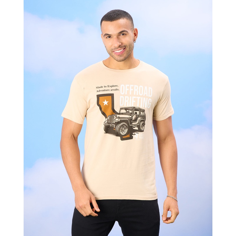 Men Beige Car Print T-Shirt|Small|Medium|Large|X-Large|XX-Large