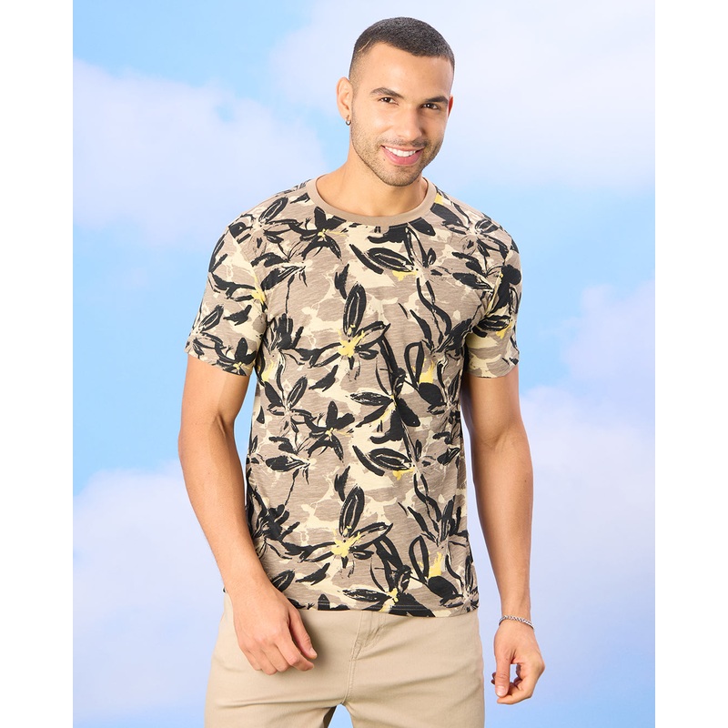 Men Beige Floral Print T-Shirt