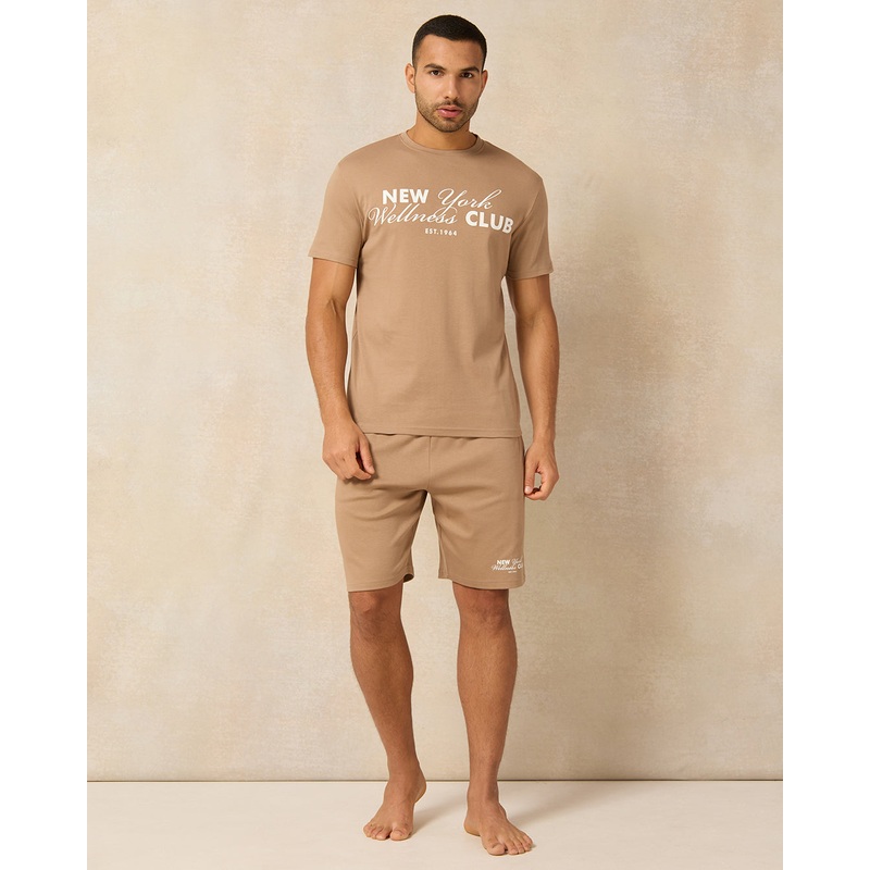 Men Beige New York Print Pyjama Set (2 Piece)