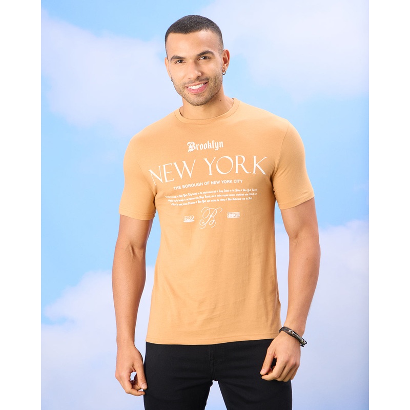 Men Beige New York Print T-Shirt