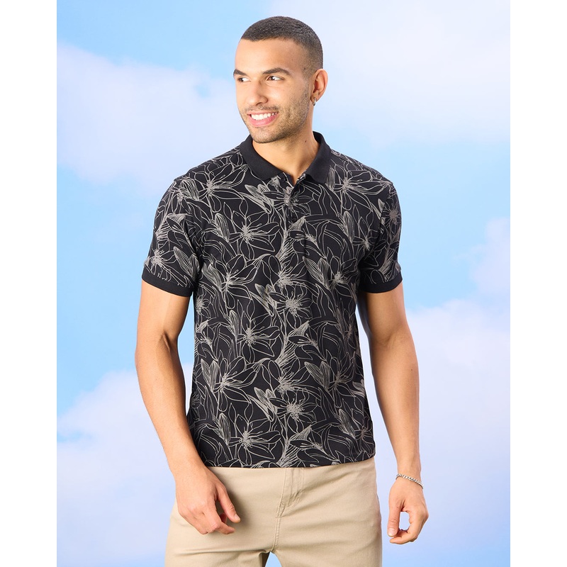 Men Black Floral Print Polo Shirt