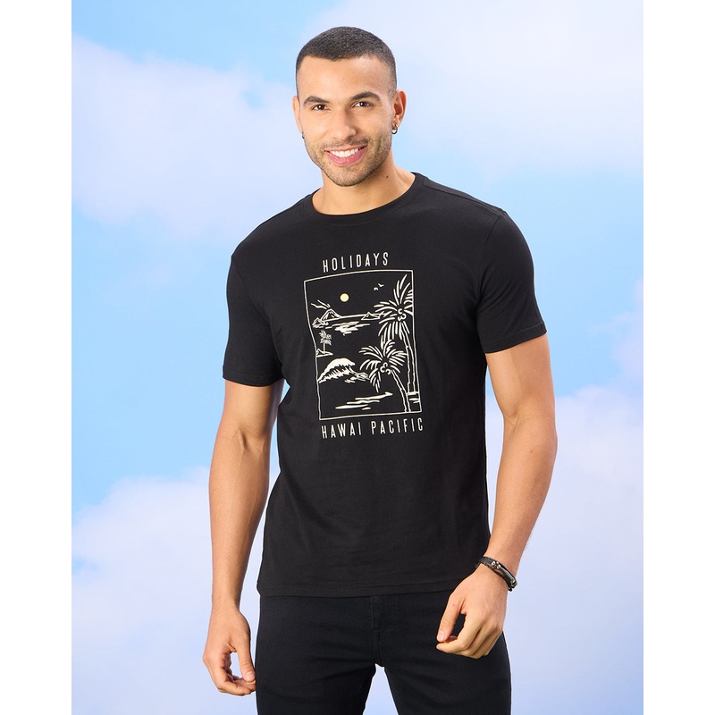 Men Black Holidays Print T-Shirt