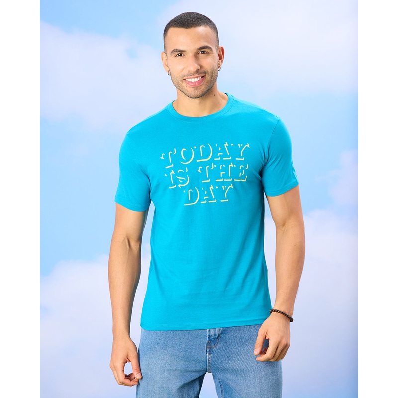 Men Blue Today Is The Day Print T-Shirt