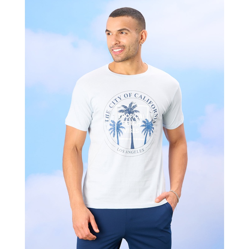 Men Blue Tropical Print T-Shirt