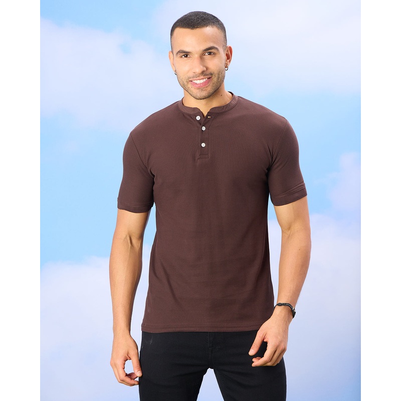 Men Brown Solid Henley Polo Shirt
