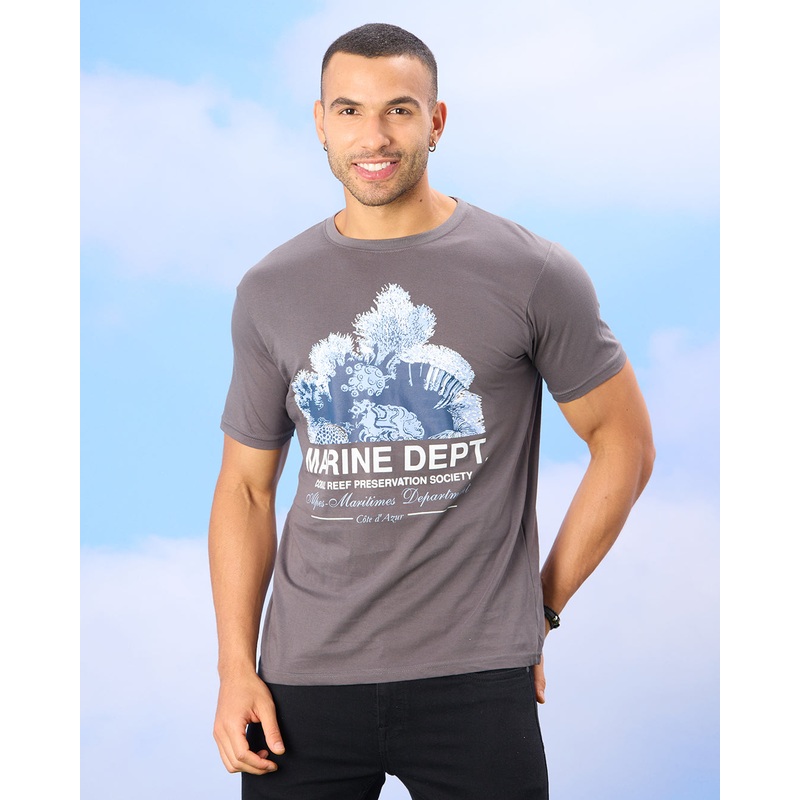 Men Charcoal Basic Graphic T-shirt