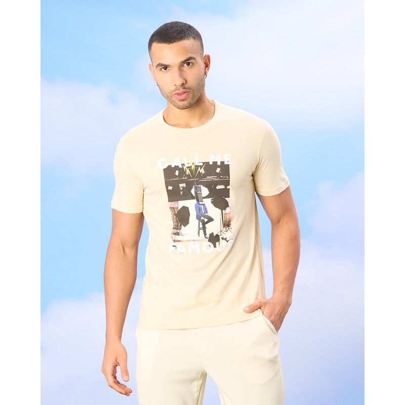 Men Cream Call Me Print T-Shirt