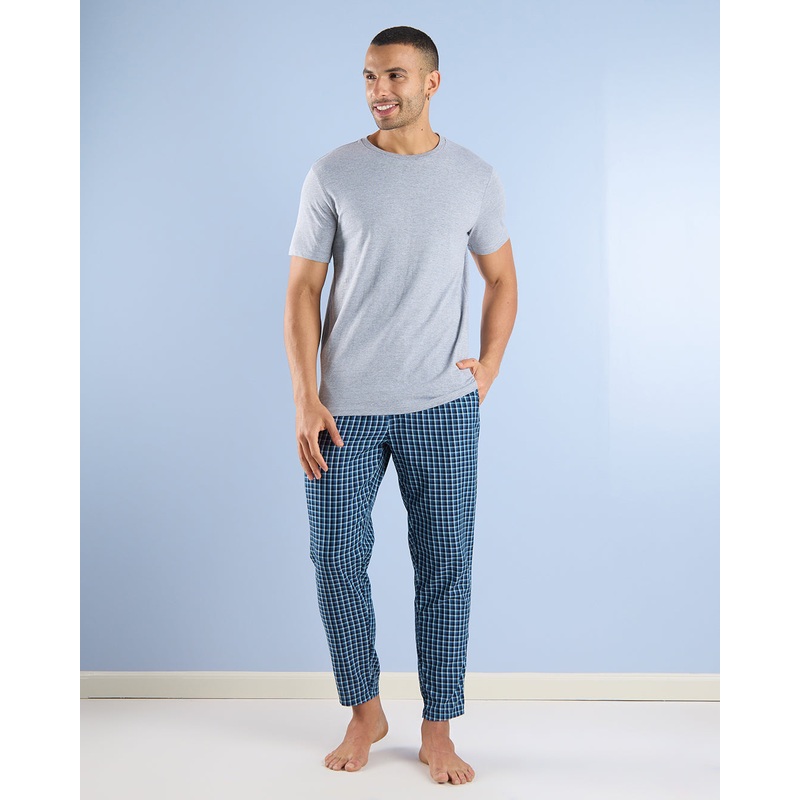 Men Grey And Navy Checkered Pyjama Set (2 Piece)