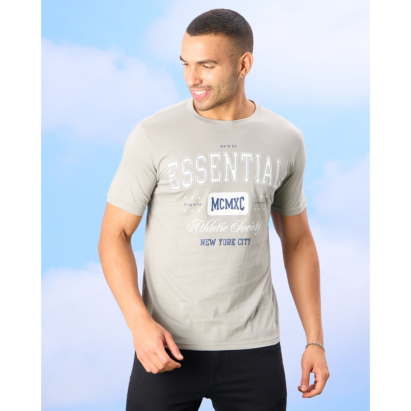 Men Grey Basic Graphic T-shirt