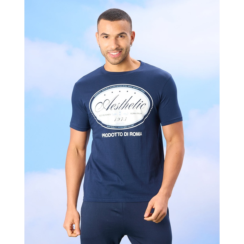 Men Navy Basic Graphic T-shirt