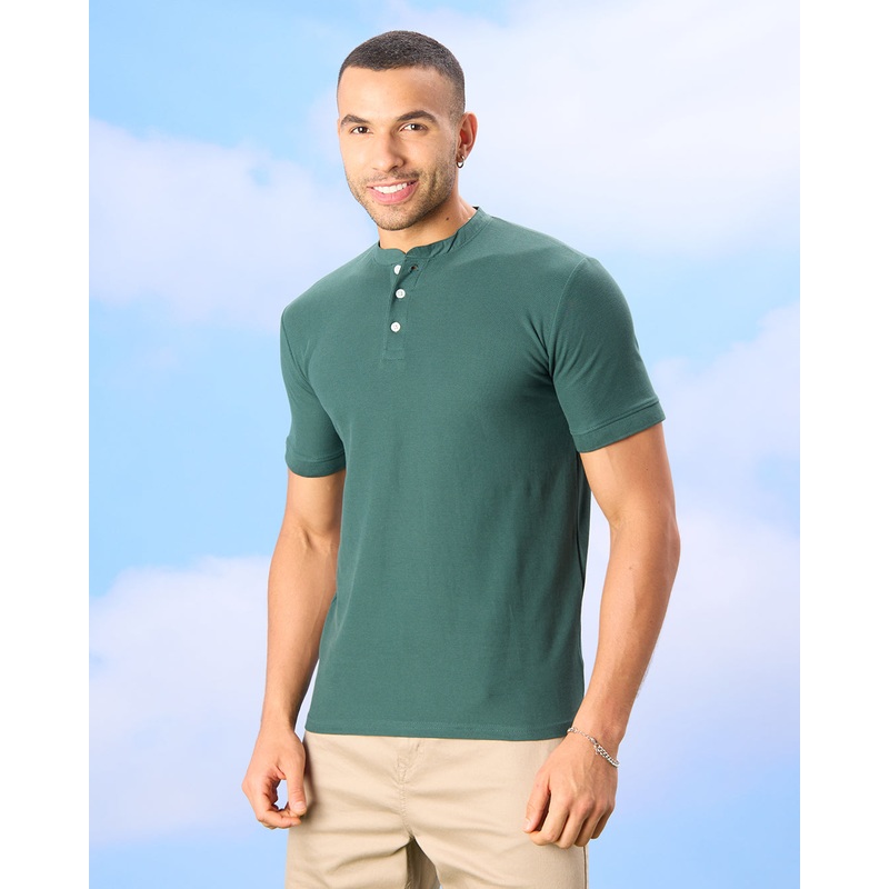 Men Olive Solid Henley Polo Shirt