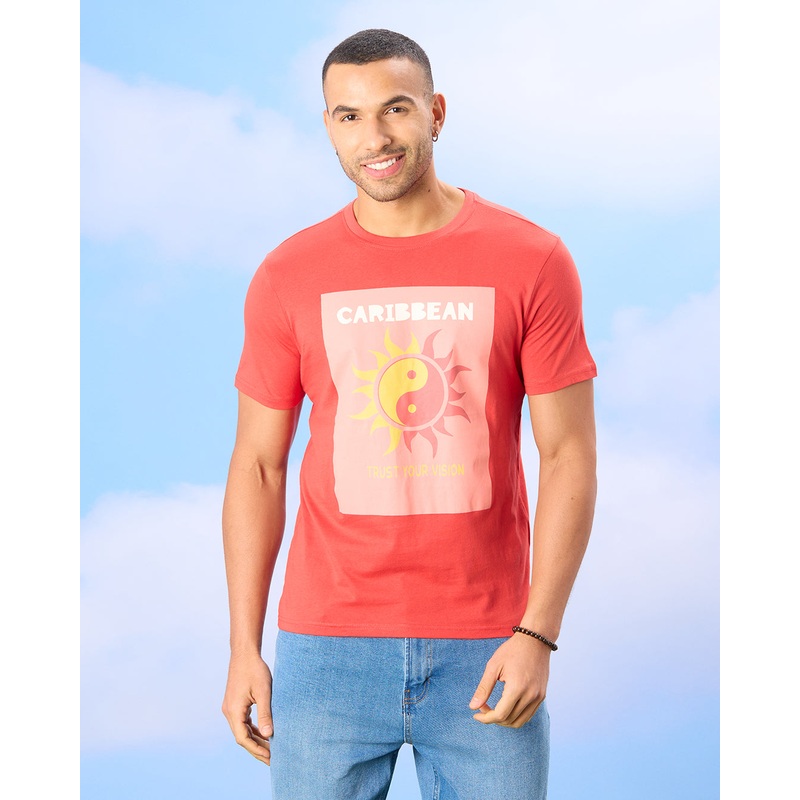 Men Red Caribbean Print T-Shirt