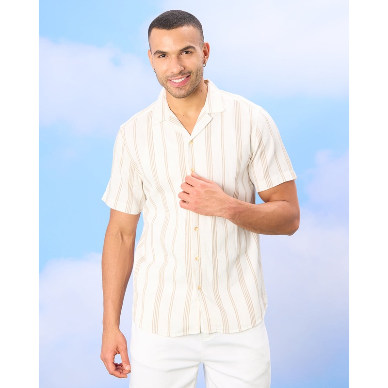 Men White Striped Casual Shirt