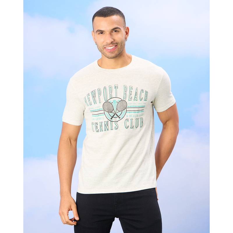 Men White Tennis Club Print T-Shirt