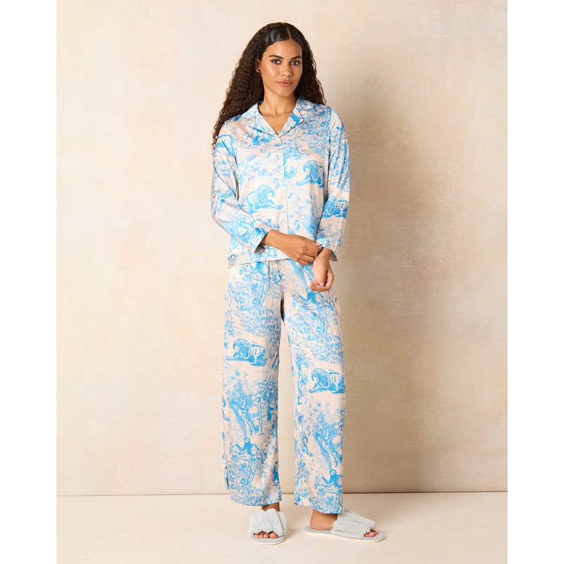 Women Blue Satin Pajama Set (2 Piece)