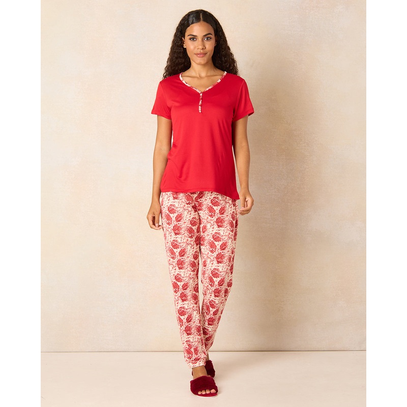 Women Red Printed Pajama Set (2 Piece)