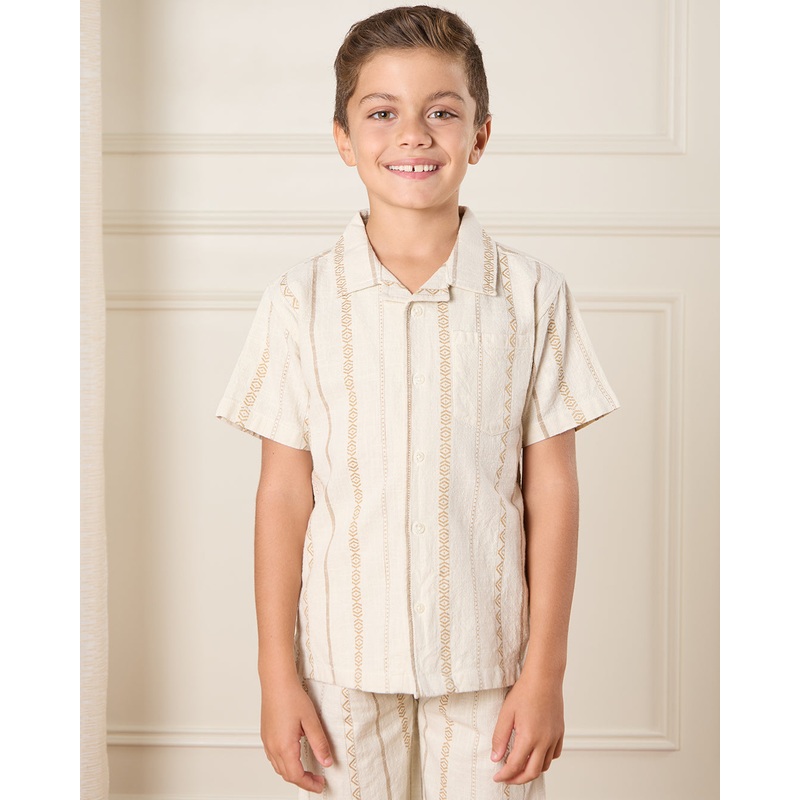 Boys Beige Striped Short Sleeved Shirt