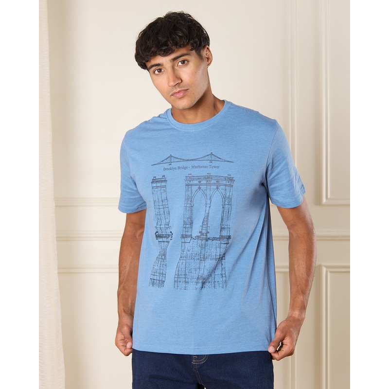 Men Blue Brooklyn Bridge Print T-Shirt