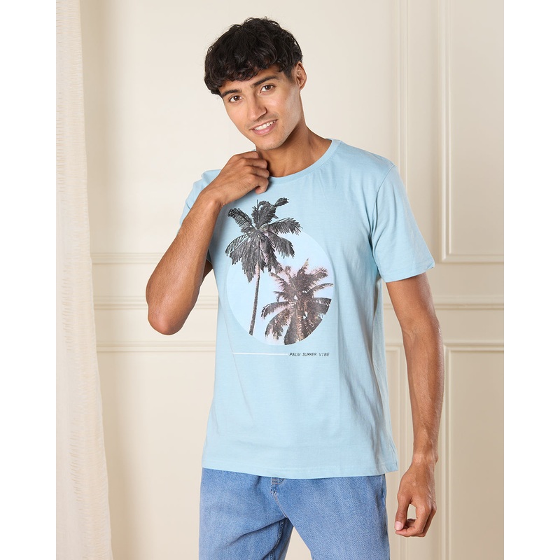 Men Blue Palm Print T-Shirt|Small|Medium|Large|X-Large