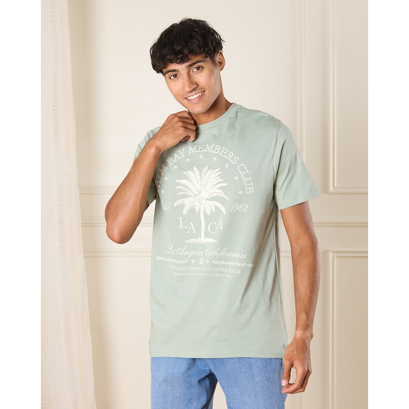 Men Grey Palm Bay  Print T-Shirt