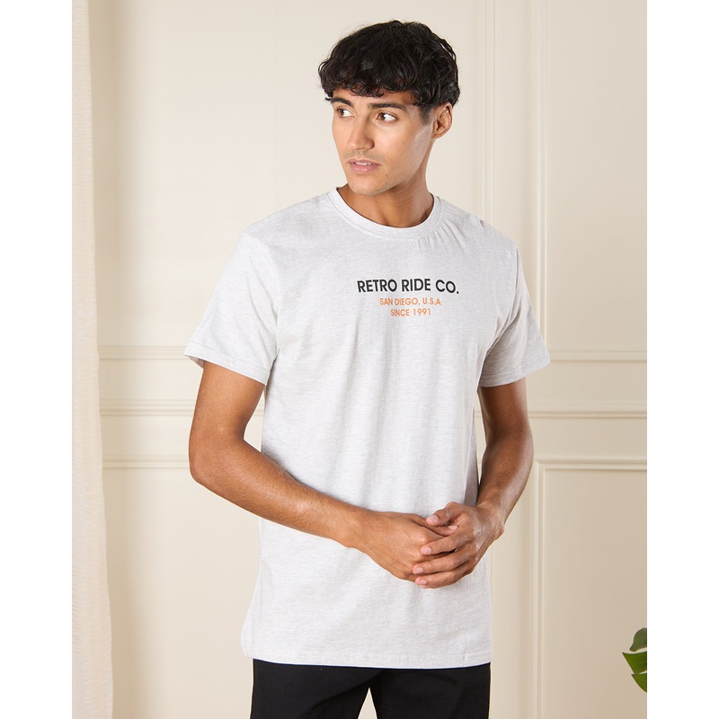 Men Grey Retro Ride Print T-Shirt