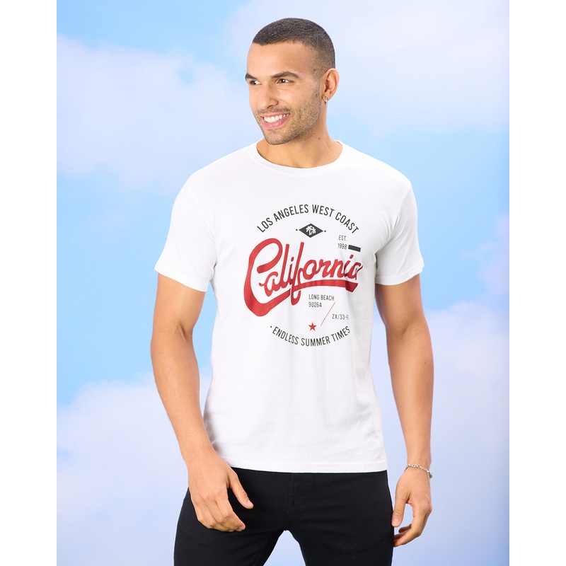 Men White California Print T-Shirt