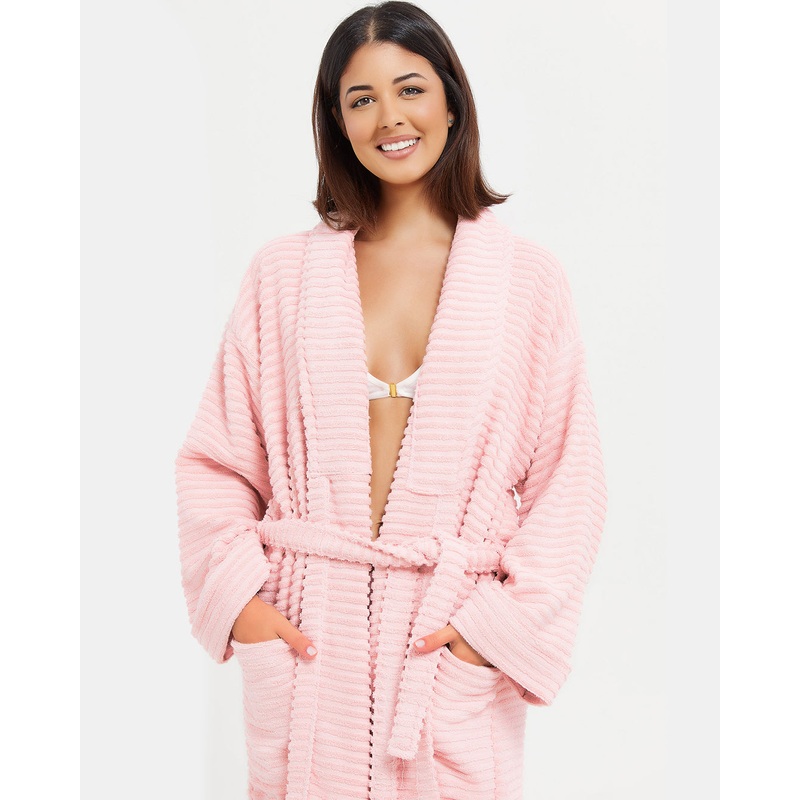 Pink Ribbed Belted Bathrobe|Large|X-Large|Medium