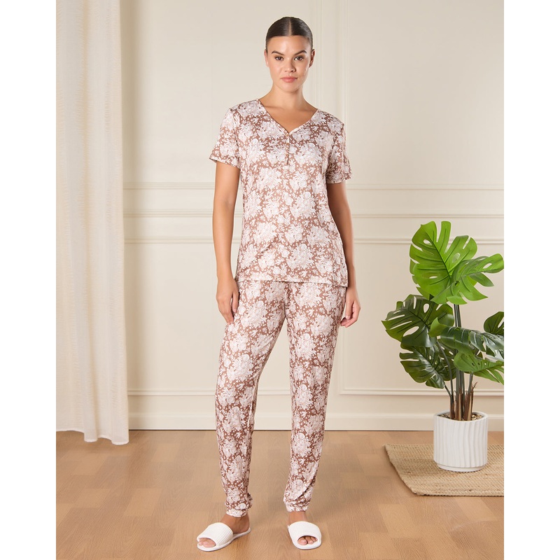 Women Beige Printed Pajama Set (2 Piece)