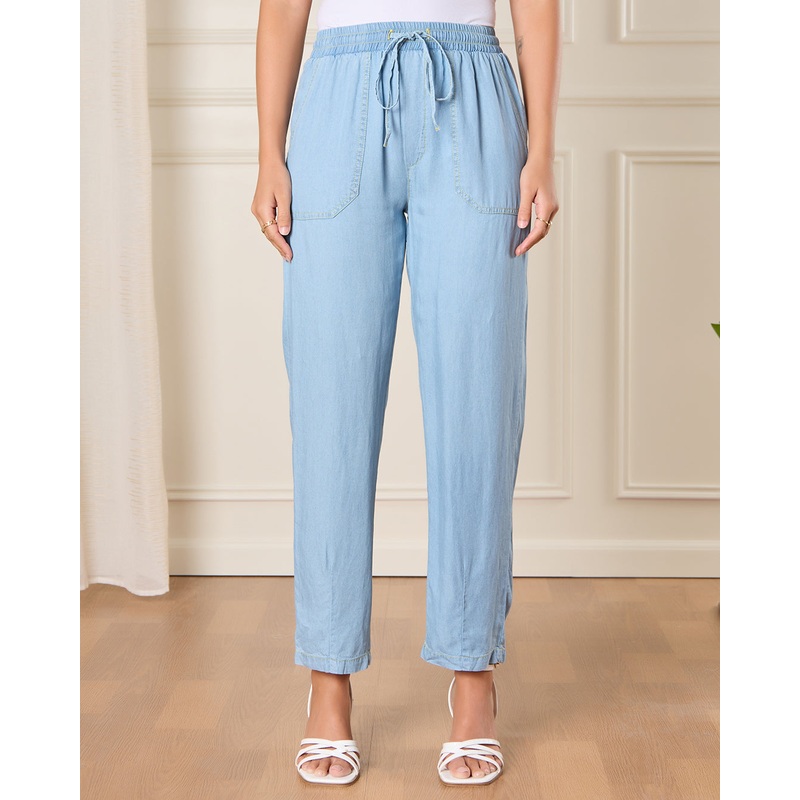 Women Blue Wide Leg Casual Trousers