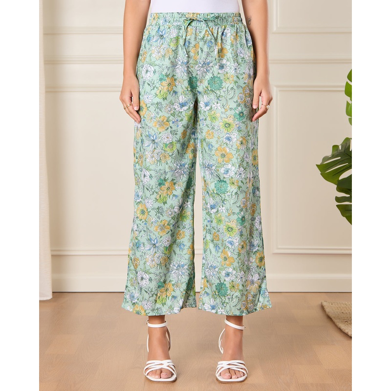 Women Green Printed Wide Leg Casual Trousers