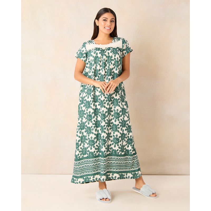 Women Green Printed With Lace Detail Nightgown