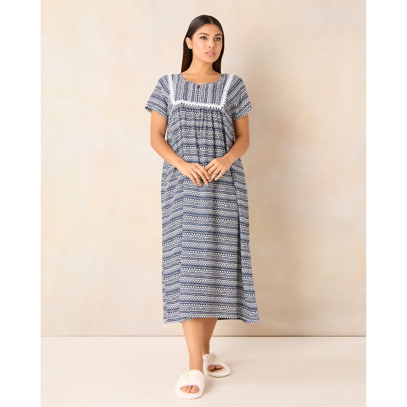Women Navy Printed  With Lace Detail Nightgown