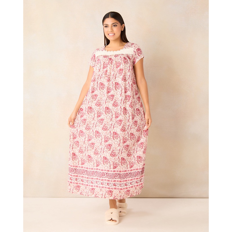 Women Pink Floral With Lace Detail Nightgown