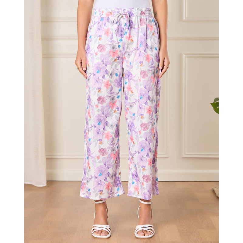Women Purple Printed Wide Leg Casual Trousers