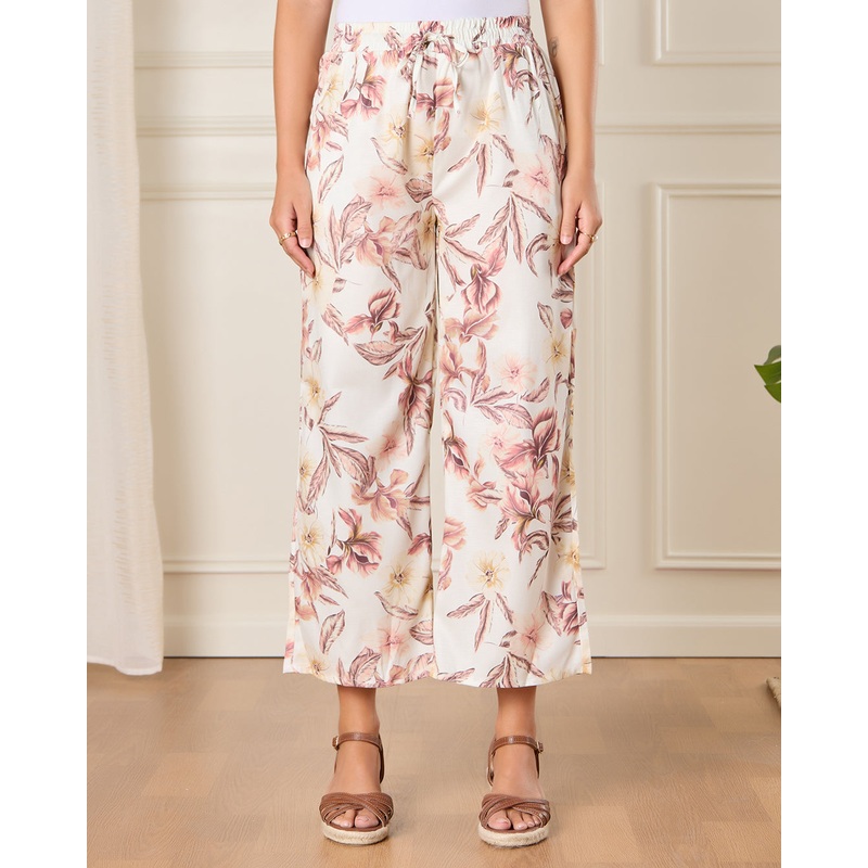 Women White Printed Wide Leg Casual Trousers
